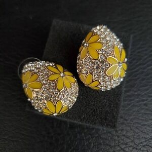 Kirks Folly Yellow Enamel Daisy Rhinestone Gold Tone Teardrop Stud Earrings